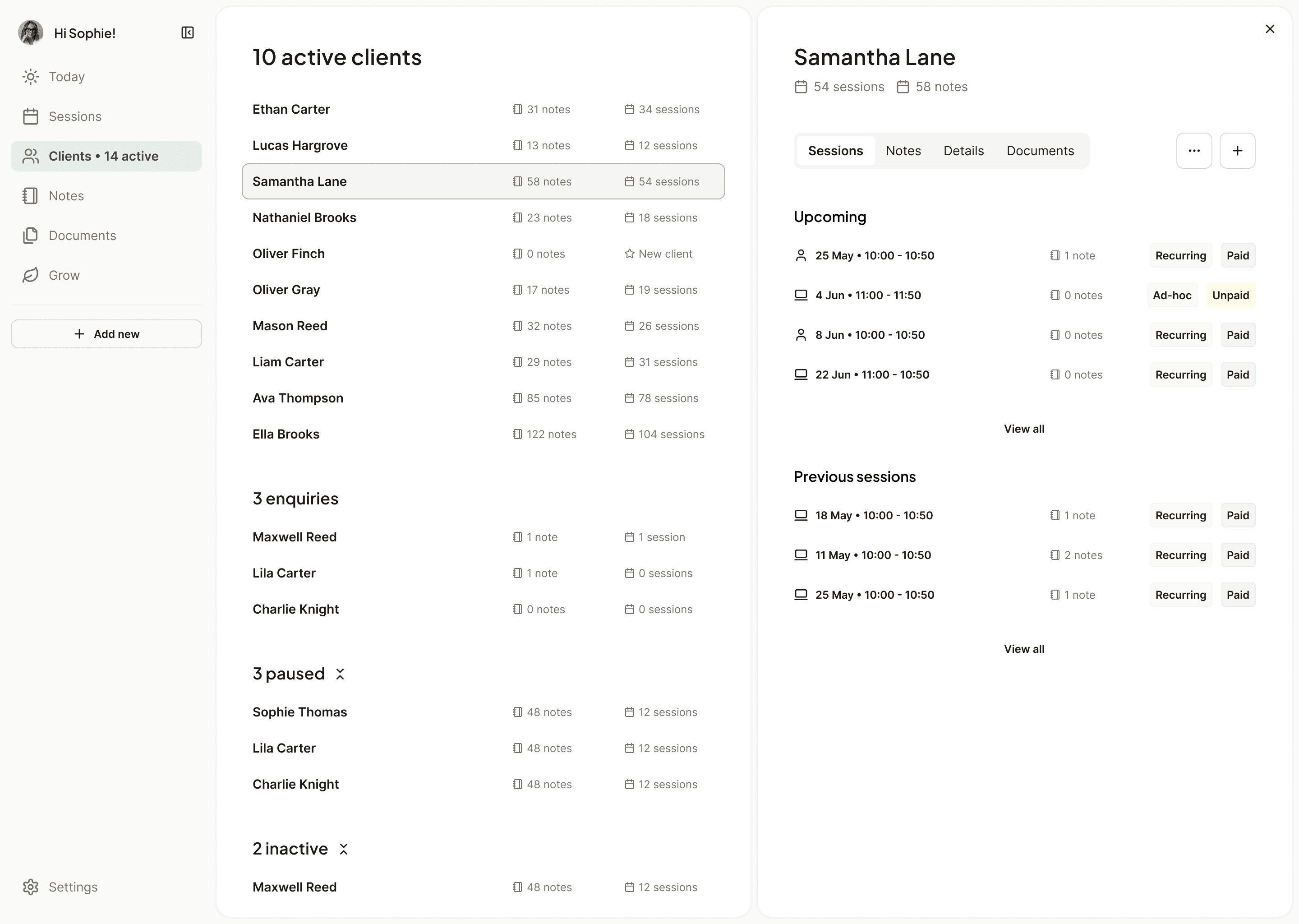 Nora client record showing sessions, notes, and client details