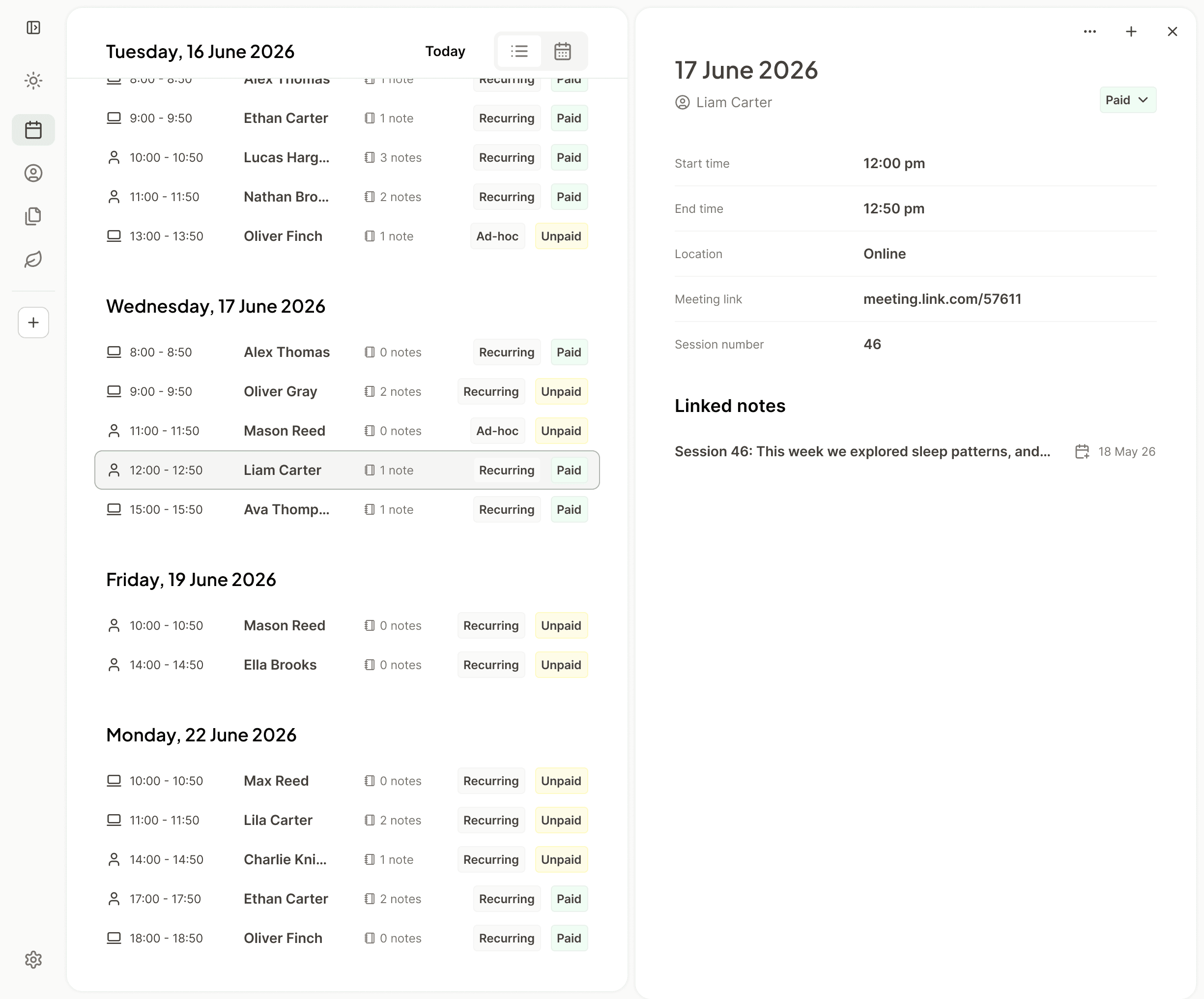 Nora client list with active clients and enquiries
