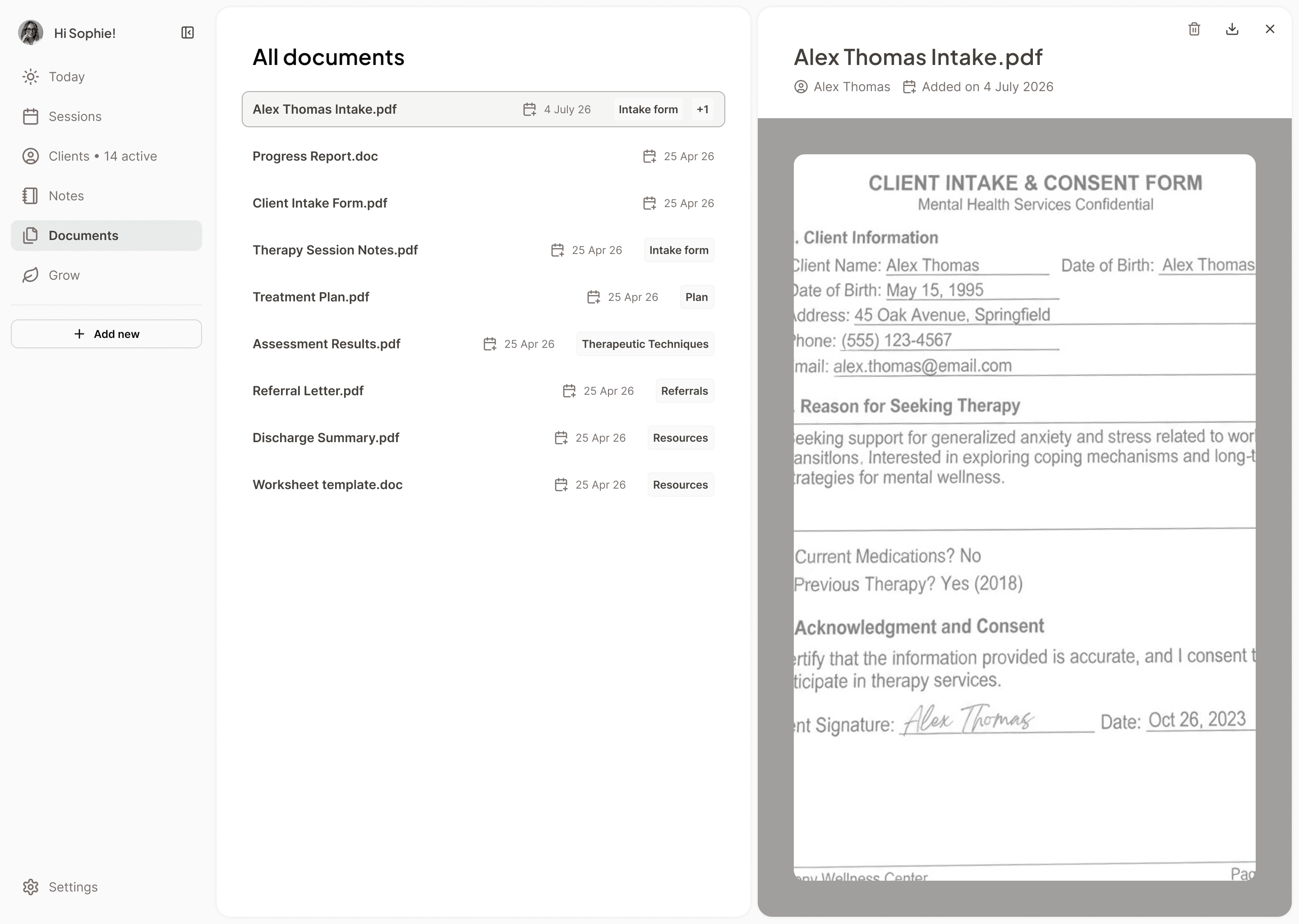 Nora documents list with client intake form preview