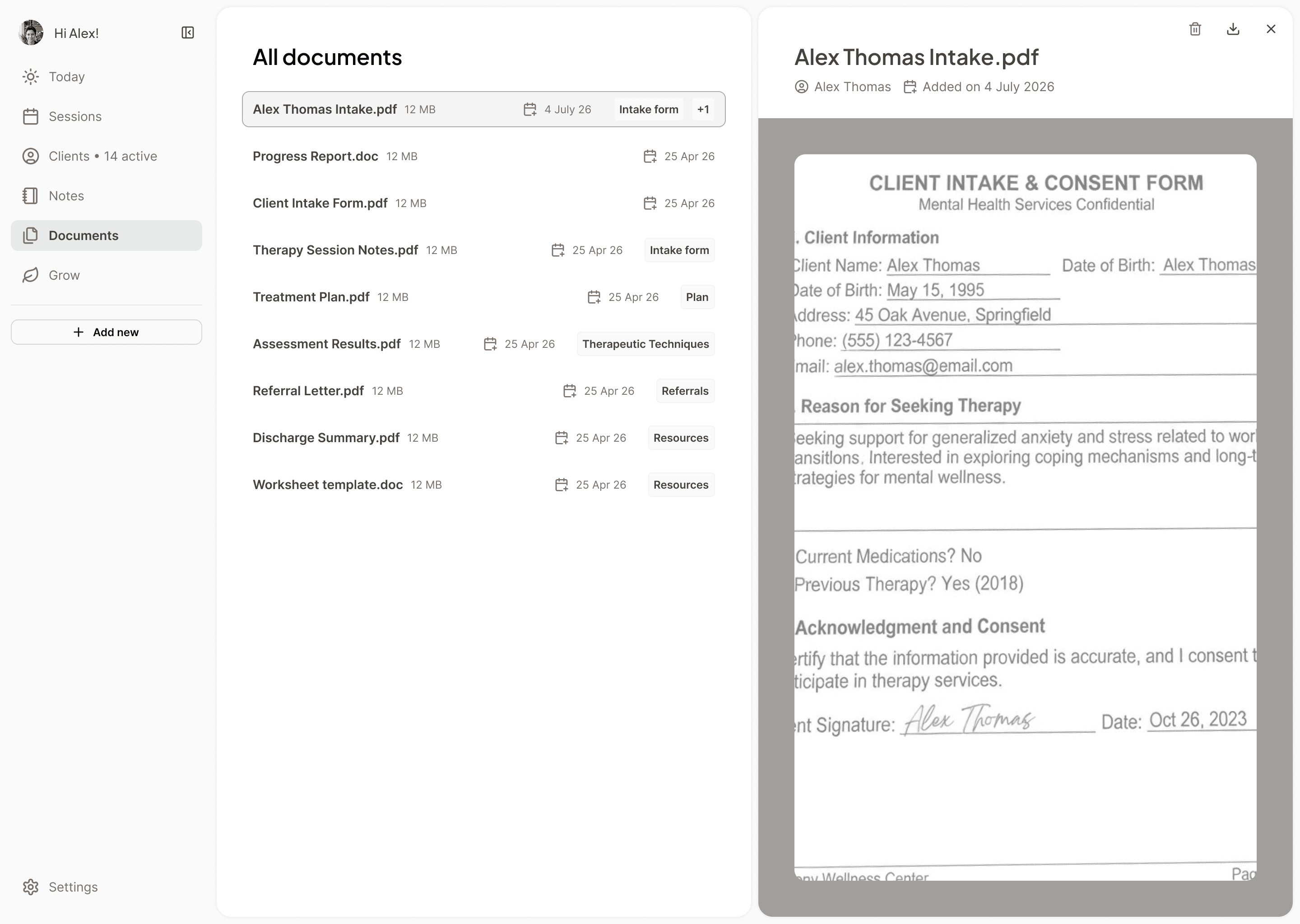 Nora documents list with client intake form preview