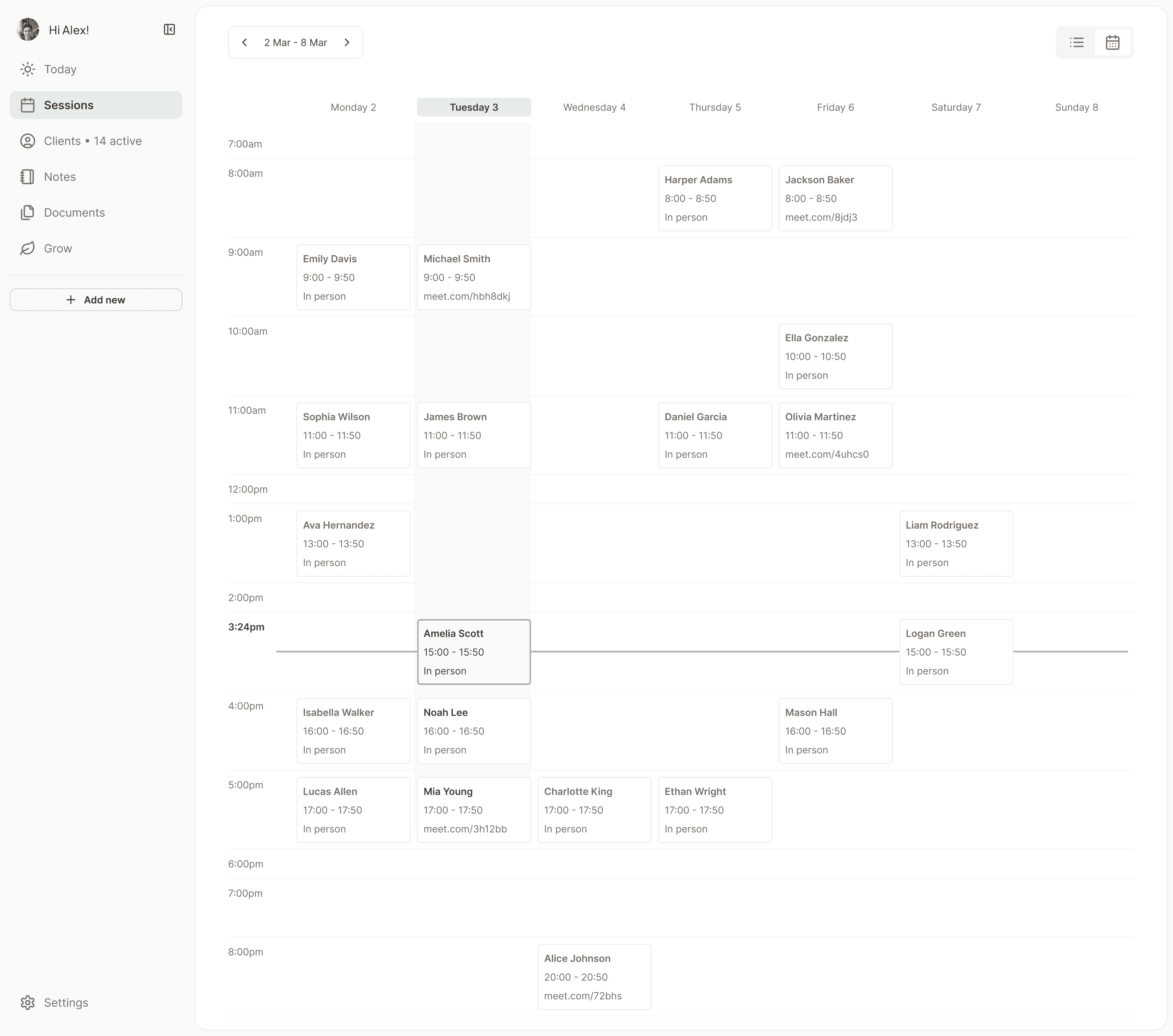 Nora week calendar showing in-person and online sessions